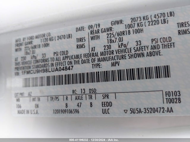 Ford ESCAPE SEL 2020 1FMCU9H98LUA04847 Image 9