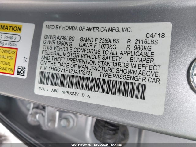 Honda ACCORD LX 2018 1HGCV1F12JA152721 Image 9