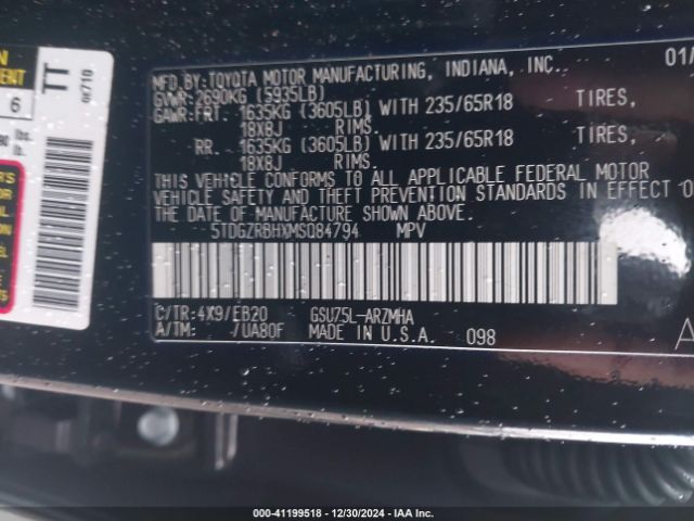 5TDGZRBHXMS084794 Toyota Highlander Xle