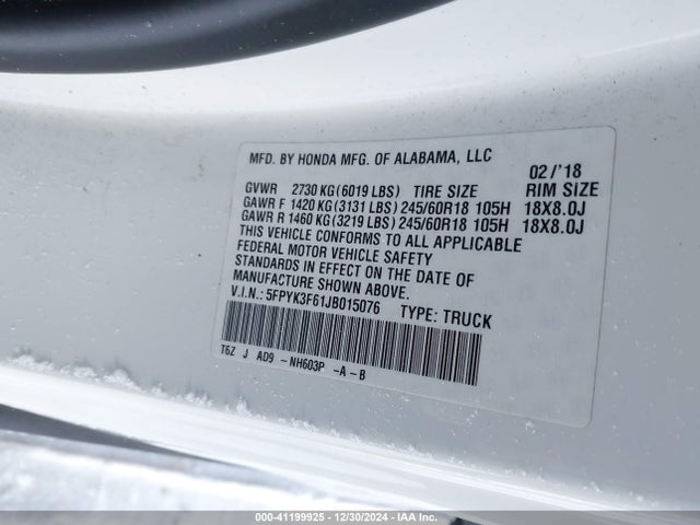 Honda Ridgeline Rtl-t 2018 5FPYK3F61JB015076 Image 9