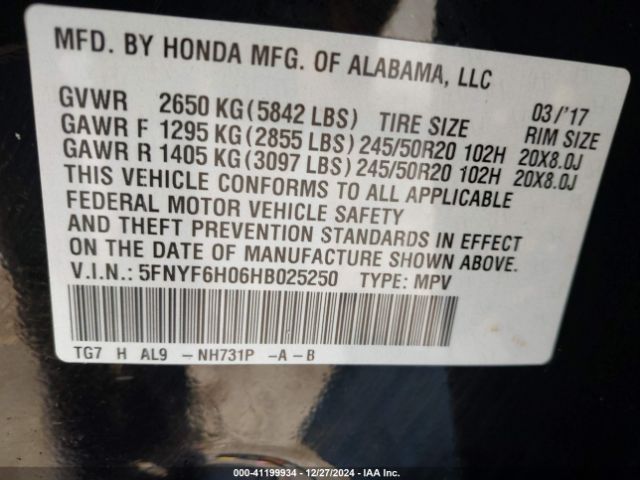 5FNYF6H06HB025250 Honda Pilot Elite