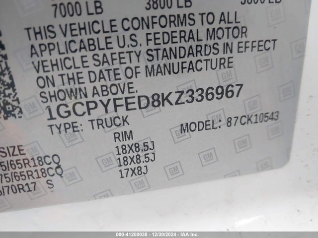 1GCPYFED8KZ336967 Chevrolet Silverado 1500 Lt Trail Boss