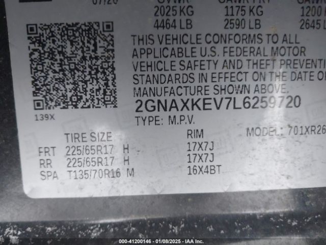 2GNAXKEV7L6259720 Chevrolet Equinox Fwd Lt 1.5l Turbo
