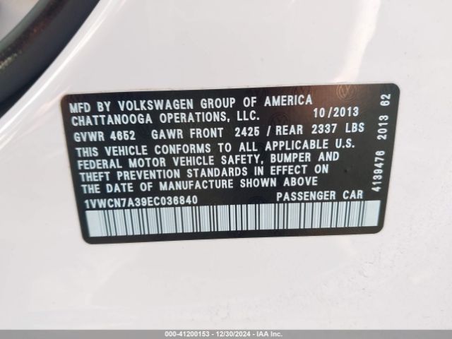 1VWCN7A39EC036840 Volkswagen Passat 2.0l Tdi Sel Premium