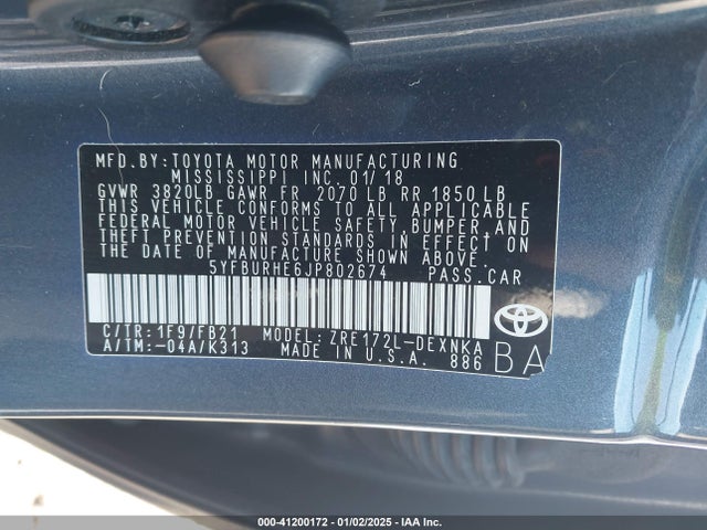 Toyota COROLLA LE 2018 5YFBURHE6JP802674 Image 9