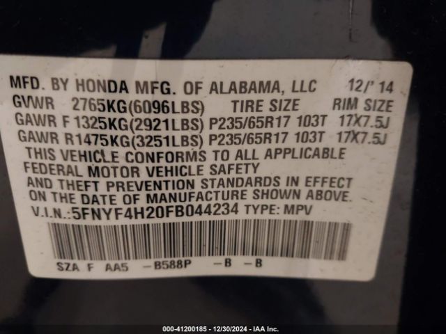 5FNYF4H20FB044234 Honda PILOT LX