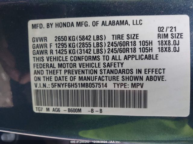 5FNYF6H51MB057514 Honda Pilot Awd Ex-l