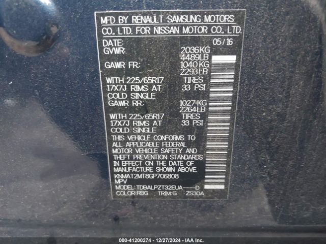 KNMAT2MT8GP706808 Nissan Rogue S/sl/sv