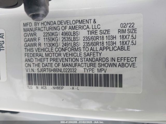 5J6RT6H86NL022032 Honda Cr-v Hybrid Ex-l