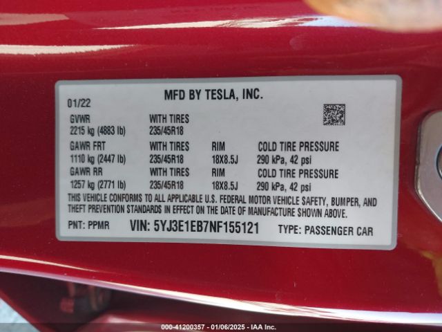 5YJ3E1EB7NF155121 Tesla Model 3 Long Range Dual Motor All-wheel Drive