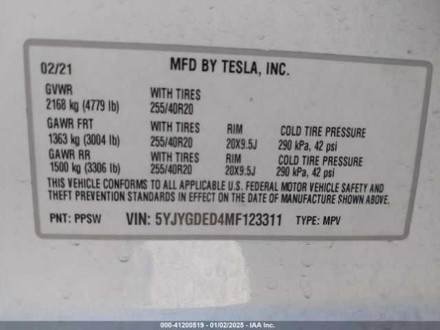 5YJYGDED4MF123311 Tesla Model Y Standard Range Rear-wheel Drive