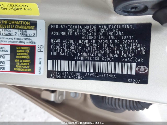Продаж на аукціоні авто 2012 Toyota Camry Le, vin: 4T4BF1FK2CR162801, номер лоту: 41200566
