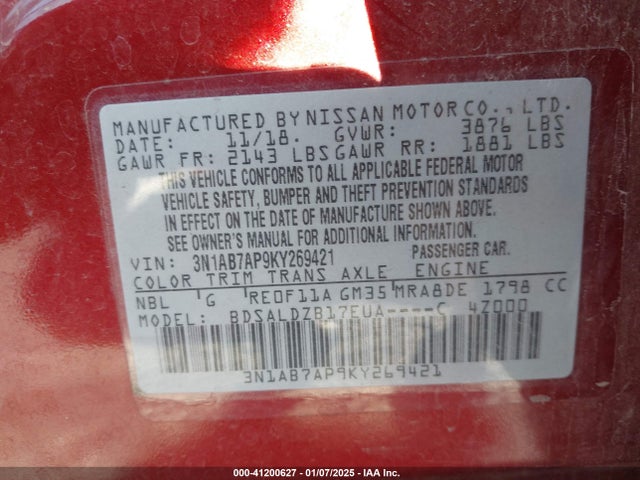 3N1AB7AP9KY269421 Nissan SENTRA SV