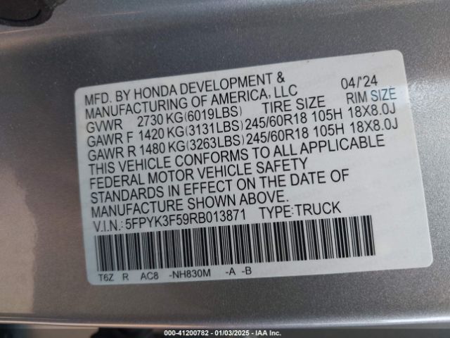 5FPYK3F59RB013871 Honda Ridgeline Rtl