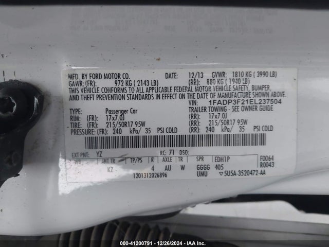 Ford FOCUS SE 2014 1FADP3F21EL237504 Image 9