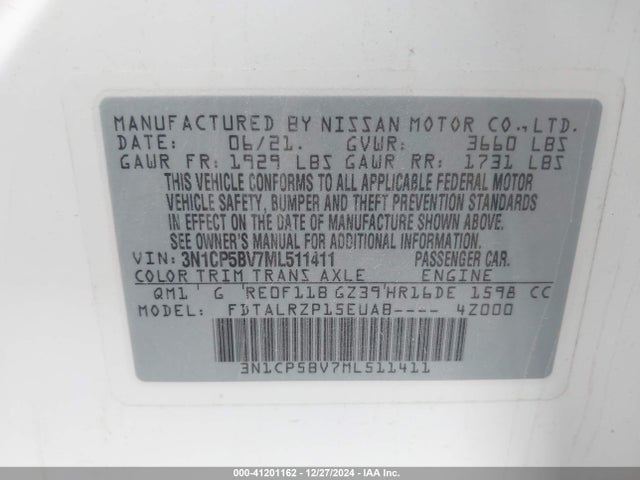 2021 Nissan Kicks S Xtronic Cvt მანქანა იყიდება აუქციონზე, vin: 3N1CP5BV7ML511411, აუქციონის ნომერი: 41201162