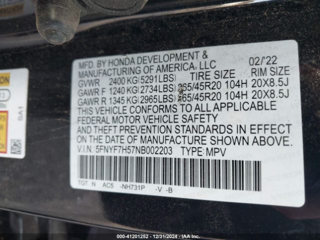 5FNYF7H57NB002203 Honda Passport 2wd Ex-l