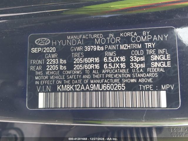 KM8K12AA9MU660265 Hyundai Kona Se