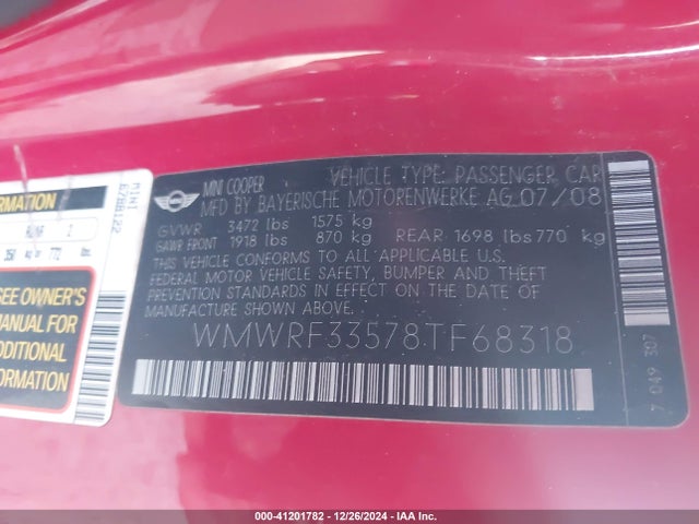 2008 MINI COOPER WMWRF33578TF68318 Photo 8