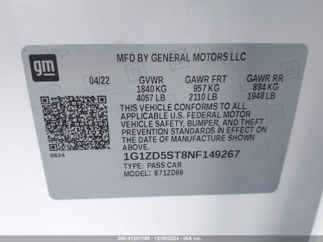 1G1ZD5ST8NF149267 Chevrolet Malibu Fwd Lt