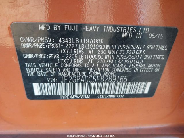 JF2GPADC5F8289165 Subaru Xv Crosstrek 2.0i Premium