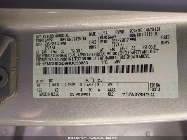 1FMCU0GD9HUC58883 Ford ESCAPE SE