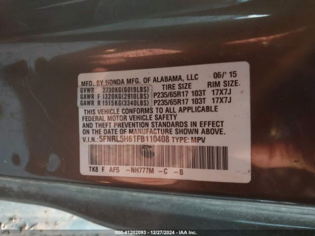 5FNRL5H61FB110408 Honda Odyssey Ex-l