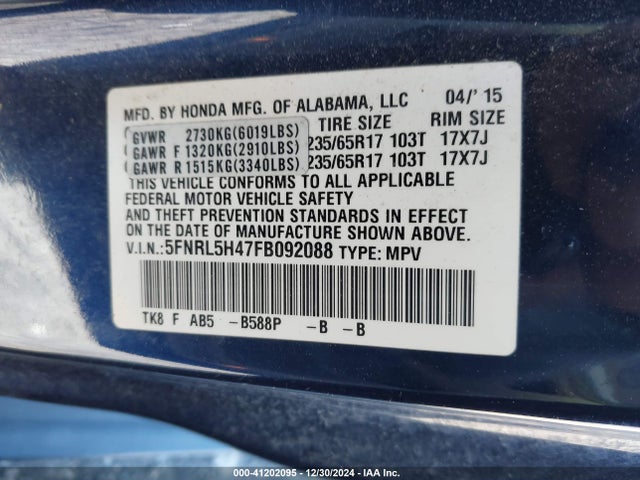 Honda ODYSSEY EX 2015 5FNRL5H47FB092088 Image 9