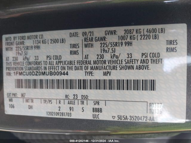 1FMCU0DZ0MUB00944 Ford Escape Titanium Hybrid