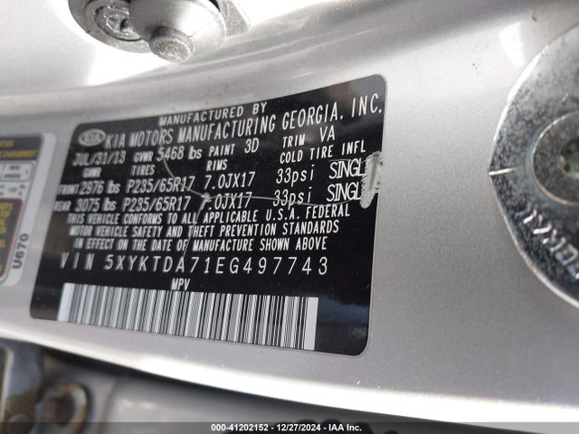 KIA Sorento Lx V6 2014 5XYKTDA71EG497743 Image 9