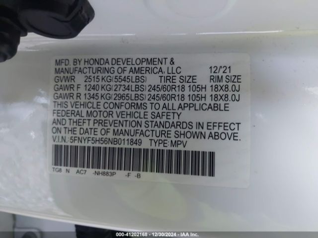 5FNYF5H56NB011849 Honda Pilot 2wd Ex-l
