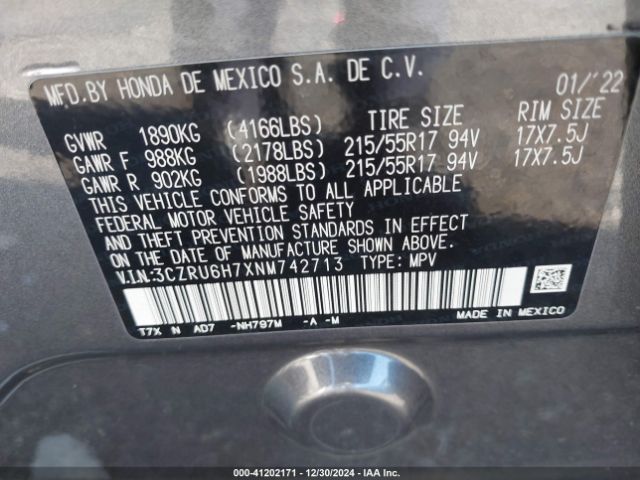 3CZRU6H7XNM742713 Honda Hr-v Awd Ex-l
