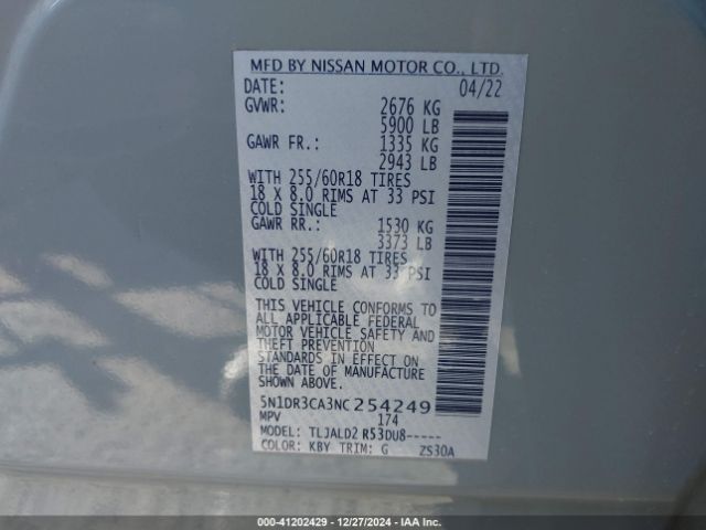 5N1DR3CA3NC254249 Nissan Pathfinder Sl 2wd