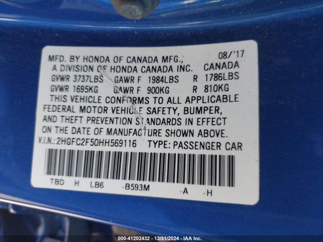 Honda Civic Lx 2017 2HGFC2F50HH569116 Image 9