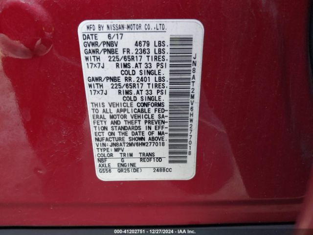 JN8AT2MV6HW277018 Nissan ROGUE SV