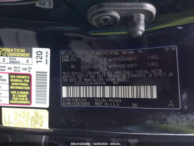 5TDYZ3DC4KS994036 Toyota Sienna Xle 8 Passenger