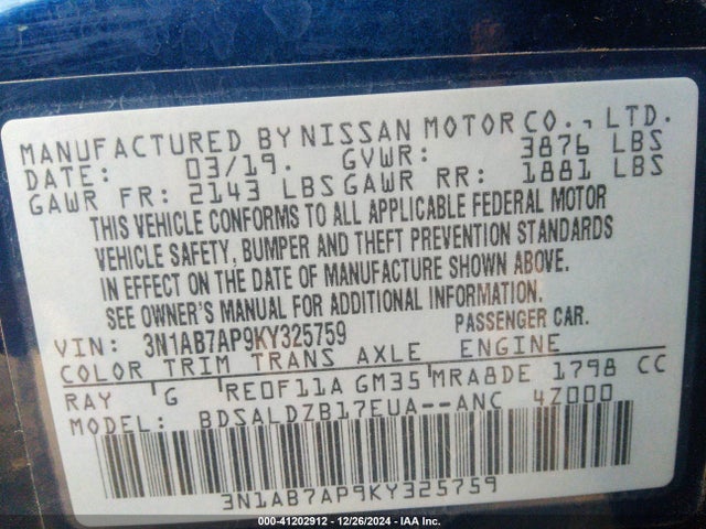Nissan SENTRA SV 2019 3N1AB7AP9KY325759 Image 9
