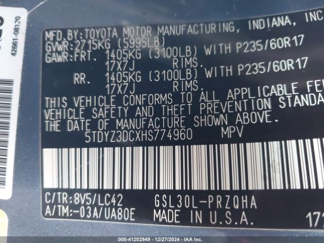 5TDYZ3DCXHS774960 Toyota Sienna Xle/limited