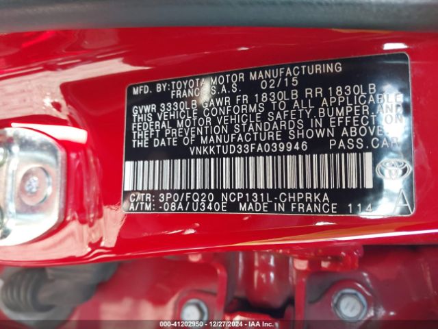 VNKKTUD33FA039946 Toyota YARIS L