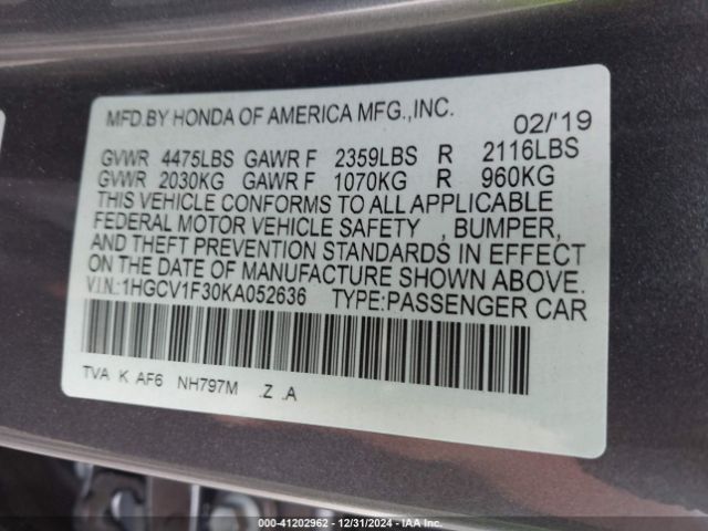 1HGCV1F30KA052636 Honda Accord Sport