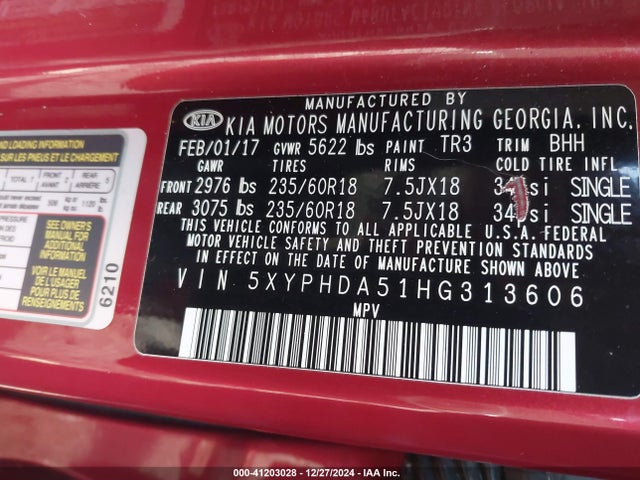5XYPHDA51HG313606 KIA Sorento 3.3l Ex