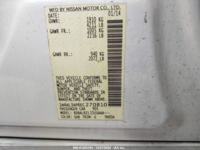 1N4AL3AP6EC270810 Nissan Altima 2.5/2.5 S/2.5 Sl/2.5 Sv
