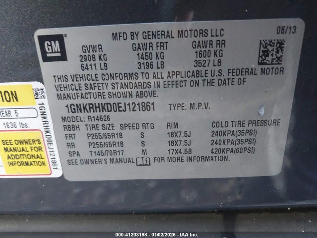 1GNKRHKD0EJ121861 Chevrolet Traverse 2lt