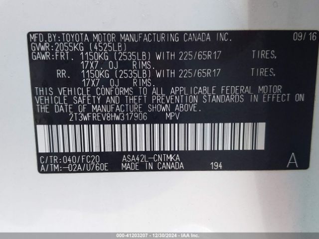 2T3WFREV8HW317906 Toyota Rav4 Xle
