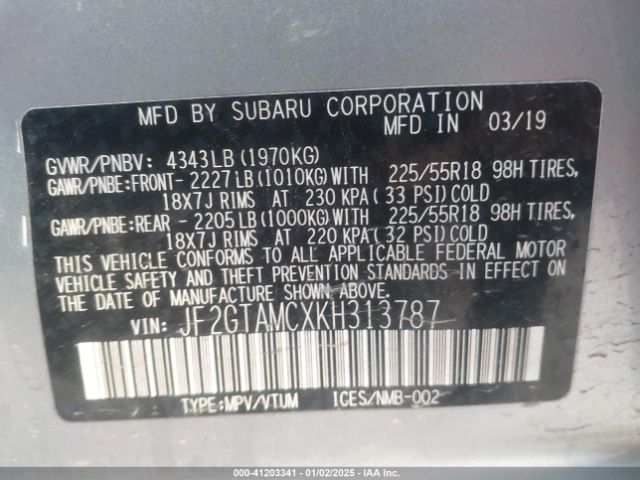 JF2GTAMCXKH313787 Subaru Crosstrek 2.0i Limited