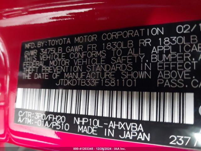 JTDKDTB33F1581101 Toyota Prius C One