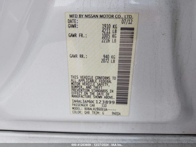 Aukcja sprzedaży 2013 Nissan Altima 2.5 S, vin: 1N4AL3AP6DC123899, numer aukcji: 41203609