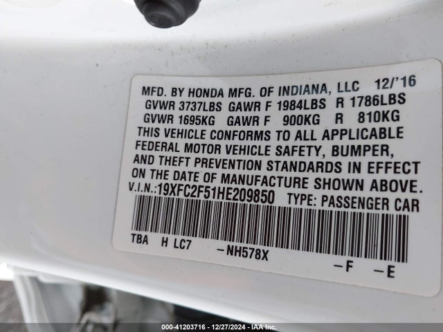 Honda Civic Lx 2017 19XFC2F51HE209850 Image 9