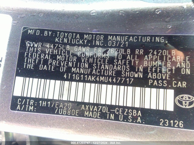 4T1G11AK4MU447717 Toyota CAMRY SE