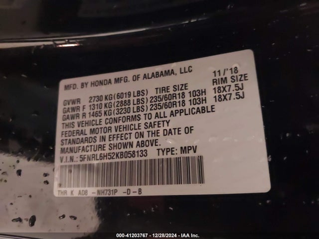 Honda ODYSSEY EX 2019 5FNRL6H52KB058133 Image 9